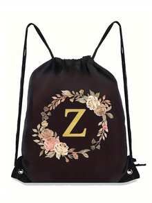 1pc Floral Wreath Alphabet Initial Drawstring Backpack, Letter Print Drawstring Bag, Light Sports Gym Sack, Portable Storage Bag For Travel Sports - Black - View 36