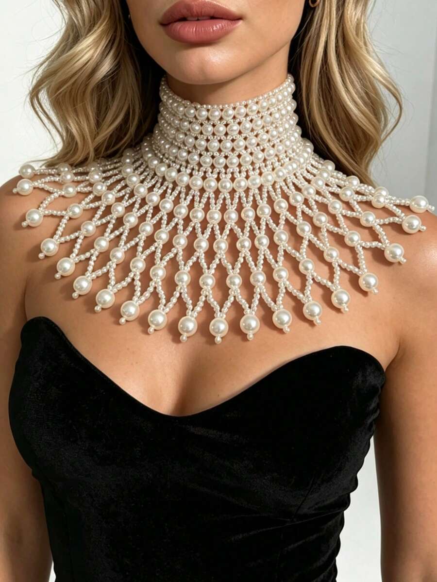 ZHENGHEN Luxury Pearl Shoulder Necklace For Women - Handmade Beaded Collar Fashion Jewelry, Suitable For Weddings, Parties And Formal Occasions - Beige - View 1