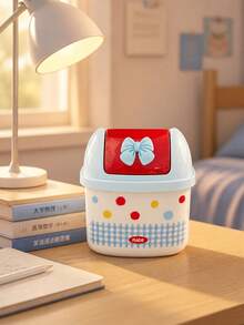 Mini Desktop/Car Trash Can With Lid, Bowknot Decor, Polka Dot Square Trash Can, Small Desktop Trash Can, Ins Style Color Block Mini Desktop Trash Can, Cute Small Desktop Trash Can No Power Needed Waste Paper Basket, Desktop Trash Can - Multicolor - View 4