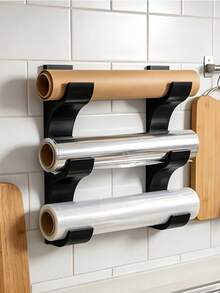 2-Pack Plastic Wrap Storage Rack (Includes Double-Sided Adhesive), Can Store 3 Rolls Of Kitchen Paper, Plastic Wrap And Aluminum Foil, Space-Saving, No Drilling Installation, Keeps Kitchen Organized, Perfect For Indoor Use - Multicolor - View 8