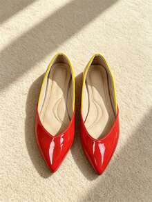 Women's Colorblock Patent Leather Pointed Toe Flat Shoes, Slip-On Casual Ballet Flats For Daily Wear, Street Style, Office - Red - View 5