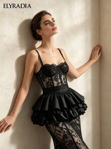 ELYRADIA Lady's Elegant Party Black Lace Dress, Formal Cocktail Dress, Corset With Fishbone Structure And Sheer Skirt, Suitable For Luxurious Dinner Occasions - Black - View 10