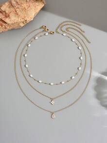 3pcs/Set Elegant Exquisite Stainless Steel Women's Necklace With Faux Pearl Chain, Shiny Four-Leaf Clover And Water Drop Pendant, Charming Neck Jewelry Suitable For Daily Wear, Shopping And Dating - Multicolor - View 2