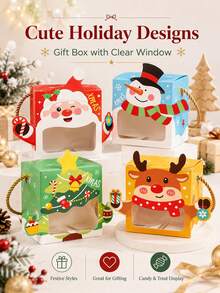 4pcs Reusable Christmas Gift Boxes, Portable Rope Handle Paper Boxes With Transparent Window, Cute Christmas Cartoon Pattern, Holiday Party Supplies, Suitable For Apples, Candies, Small Gift Packaging - Multicolor - View 1
