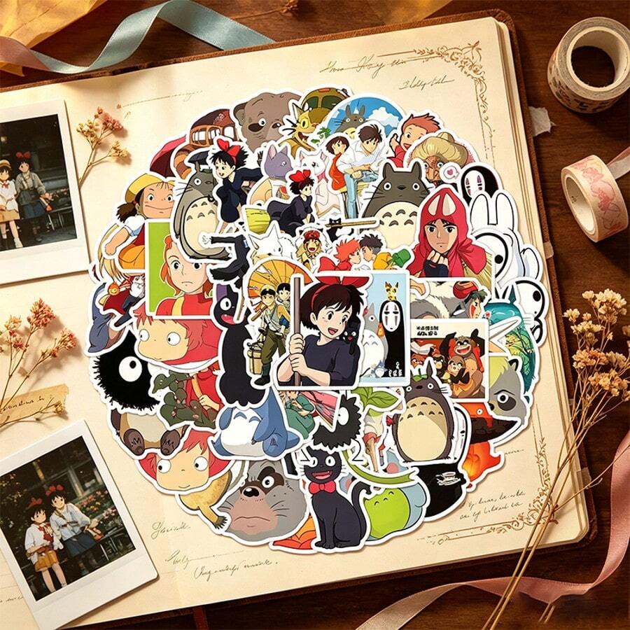 50pcs Totoros Cartoon Pattern Waterproof Sticker Set, Large Variety Of Different Cartoon Prints, Waterproof And Scratch-Resistant, Durable, Suitable For Decorating Phones, Notebooks, Computers, Luggage Surfaces For Personalized Beautification, Easily Create Exclusive Appearance, High Playability, Practical DIY Craft Material, Suitable As Small Gifts For Guests At Parties And Gatherings - Multicolor - View 1