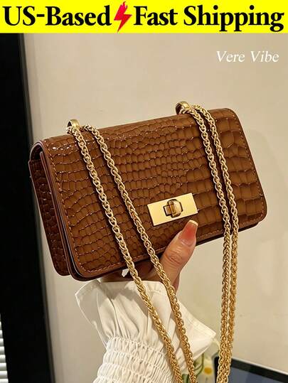 Fashion Square Chain Bag For Women Solid Color Shoulder Bag Crocodile Embossed Handbag PU Leather Clutch For Snap Closure Gift For Her