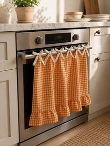 Plaid Ruffled Oven Door Curtain With Bow, Farmhouse Style Kitchen Oven Handle Cover, Detachable Decorative Kitchen Cabinet Curtain, Home Kitchen Decor - Ruffled Edge - View 14