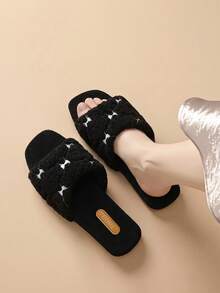 Women's Bowknot Flat Slippers, Indoor/Outdoor Fuzzy Plush Open Toe Slides For Autumn/Winter - Black - View 5