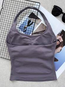 Women's Seamless Long Spaghetti Strap Fitness Top, Built-In Bra With Removable Padding, Sports Yoga Tank Top - Dusty Purple - View 3