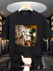 Unisex Adult T-ShirtAncient‑Cave‑Art Whimsical‑Alien‑Painting Light‑Weight Unisex Sci‑Fi Comic‑Con Casual Tee - Black - View 1