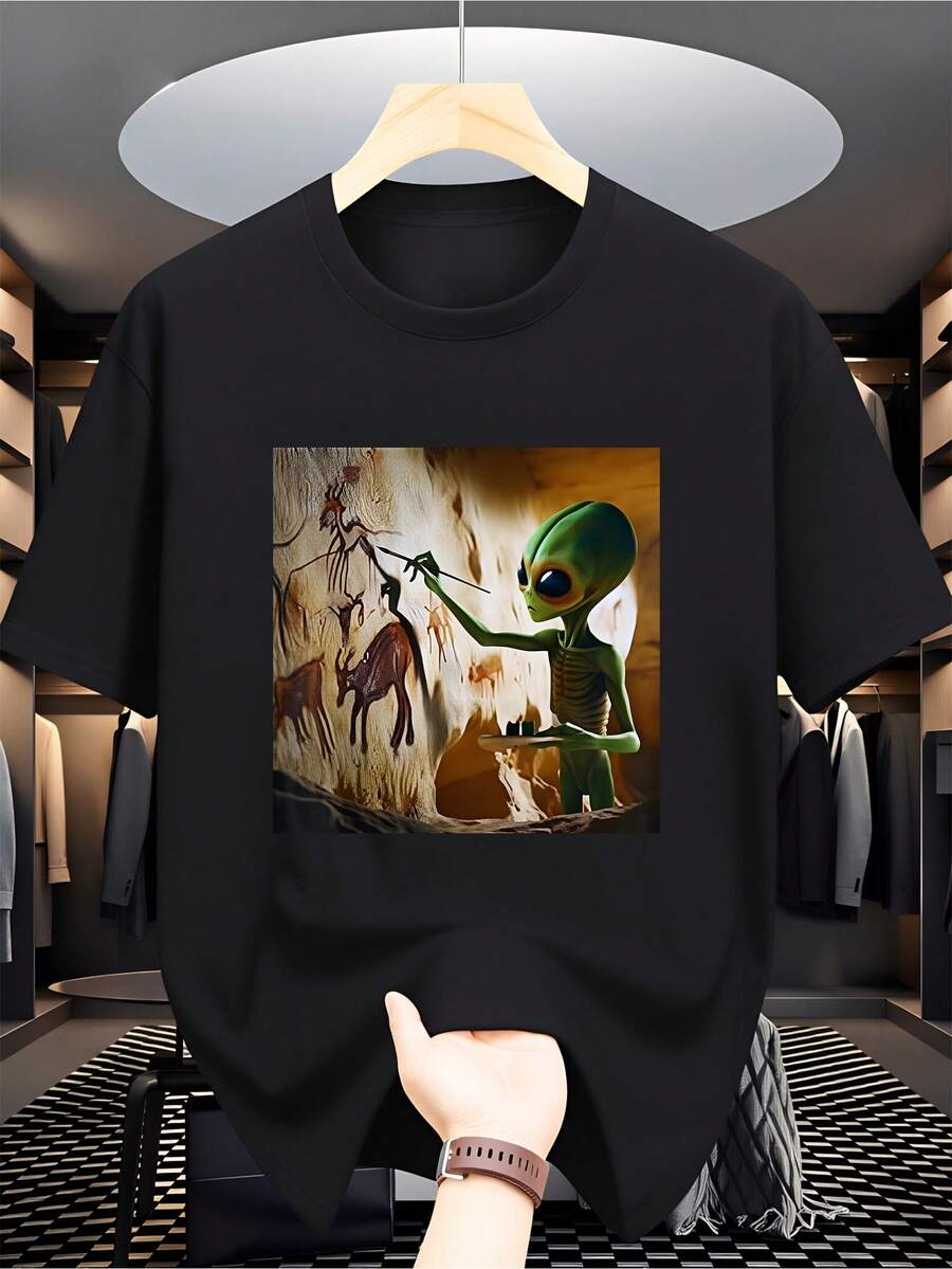 Unisex Adult T-ShirtAncient‑Cave‑Art Whimsical‑Alien‑Painting Light‑Weight Unisex Sci‑Fi Comic‑Con Casual Tee - Black - View 1