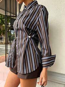 SuofeiMan Women's Casual Striped Long Sleeve Shirt Collar Top, Slim Waist, Front Button Design, Suitable For Autumn Daily Commute, Dining, Dating - Coffee Brown - View 3