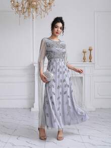 JINLICX Silver Beaded Light Grey Tassel Sleeve Evening Maxi Dress - Grey - View 4