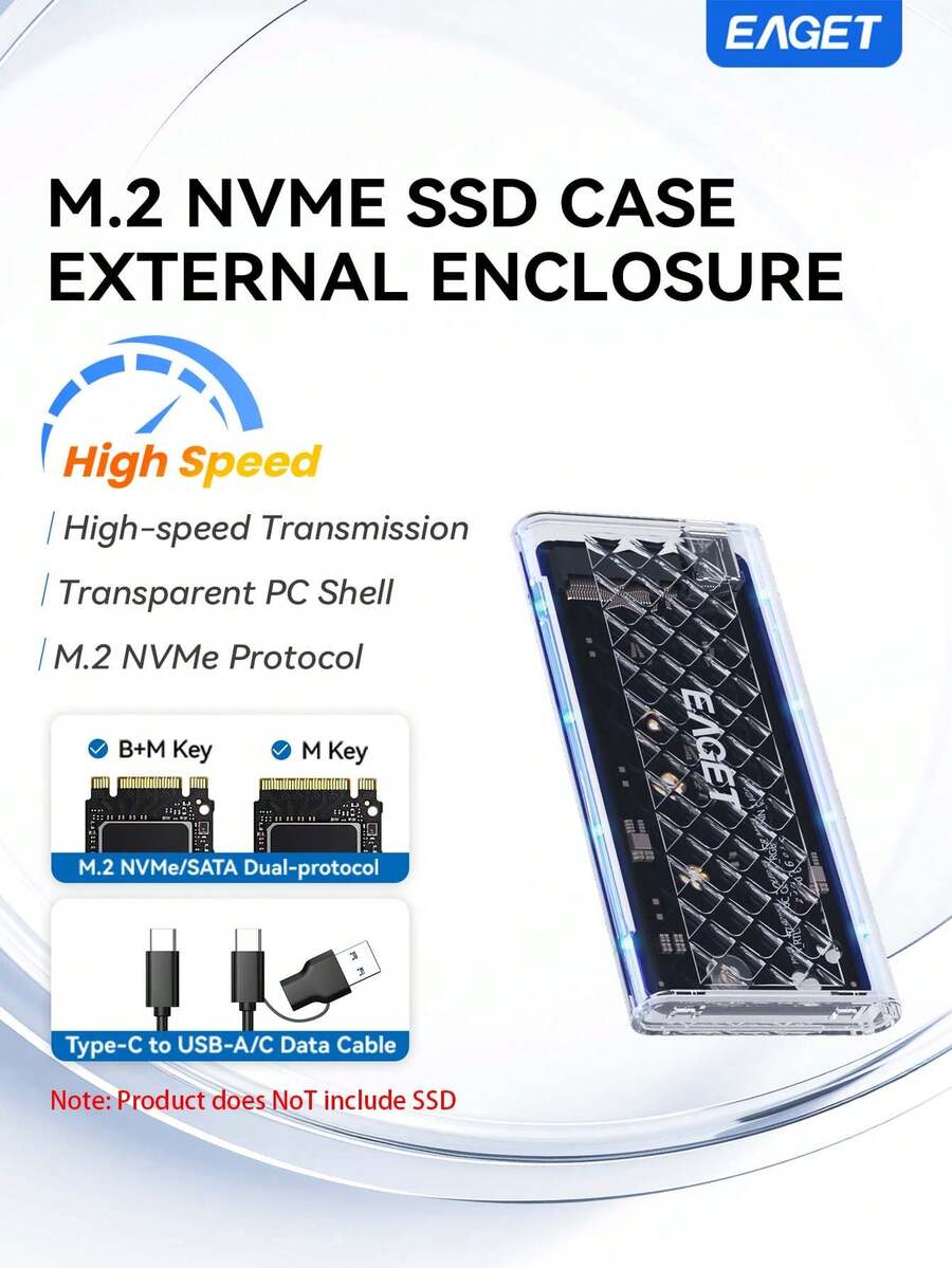 EAGET Transparent M.2 SSD Enclosure 10Gbps NVMe SATA Dual Protocol External Hard Drive Case Tool‑Free Installation Support 2230 2242 2260 2280 SSD For Laptop Phone Game Console Projector - Clear - View 1