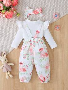Baby Girl Romper Set Cartoon Rabbit Flutter Sleeve Bodysuit And Pants And Headband Autumn Pastoral Style Outfit - White - View 2
