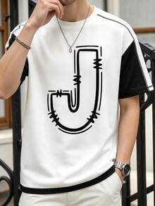 Men's Classic Fashion English Letter Patchwork Raglan Sleeve Loose Short Sleeve T-Shirt, Summer Wardrobe Essential T-Shirt - White - View 2