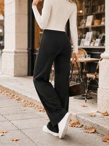 Women's Seamless Autumn Fashion Minimalist Wide Leg Pants, Winter High Waist Tummy Control Thermal Lined Long Pants - Black - View 3