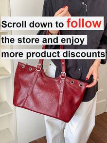 1pc Women's Solid Color PU Shoulder Tote Bag, Large Capacity, European And American Minimalist Style, Suitable For Commuting, Shopping, Gift Giving - Burgundy - View 2