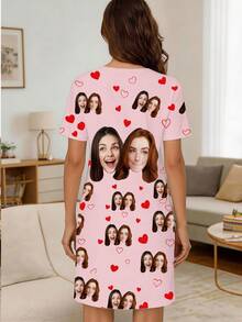 Customized Face Photo Nightgown, Personalized Short Sleeve Loose Fit Nightgown, Red Heart Print, Novelty Customized Gift Homewear For Women - Multicolor - View 2