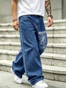 Men's Gothic Spider & Letter Embroidered Wide Leg Jeans, Vintage Washed Loose Fit Denim Pants - Blue - View 3