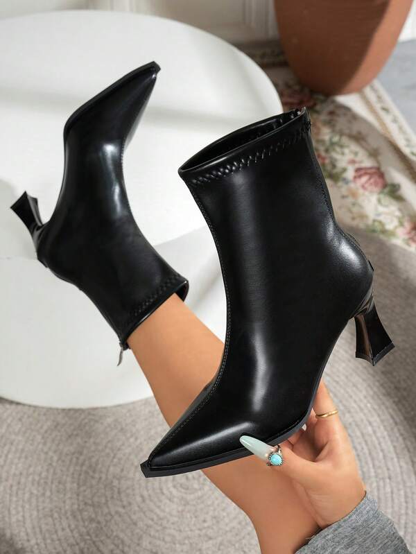 Pointed Toe High Heel Ankle Boots, Women's Autumn/Winter New Slim Fit Boots, Back Zipper Vintage Chunky Heel Fashion Boots, Commuter Boots, Fashion High Heels