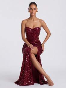 LOVE&LEMONADE Sexy Burgundy Strapless High Slit Backless Long Party Evening Dress - Burgundy - View 4