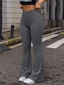 Vintage Heather Grey Seamless Ribbed Flared Leggings, Stretchy Wide Leg Fitness Pants For Home And Outdoor Wear Sports Fall - Grey - View 1