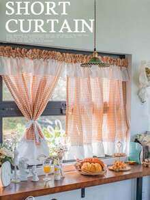 1pc Japanese Minimalist Girl Style Small Checkered Ruffle Half Curtain, Kitchen Coffee Short Curtain, Translucent Non-See-Through Sheer Curtain, Bathroom Door Partition Curtain - 1PC - View 1