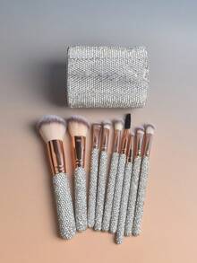 10pcs Multi-Function Rhinestone Makeup Brush Set - Includes 9 Luxury Charming Rhinestone Handle Brushes And 1 Fully Rhinestone Storage Tube - Desktop Storage Tube, Makeup Brush Storage Tube, Practical Makeup Brush Set - Suitable For All Skin Types - Multicolor - View 13