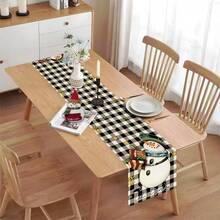 1pc Christmas Table Runner, Buffalo Plaid Snowman Gift Box Let It Snow Snowflake Print Tablecloth, Winter Holiday Dining Table Home Decor, Accessories Not Included - Black and White - View 6