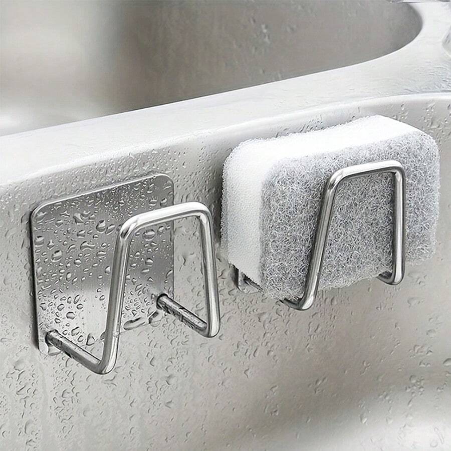 Stainless Steel Kitchen Sink Sponge Holder, Kitchen Sponge Rack, Silver, No Drilling Required, Includes Adhesive Backing, Suitable For Storing Brushes, Sponges, Steel Wool, Halloween Decorations And Christmas Gifts