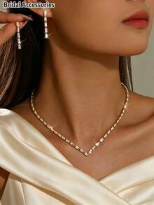 Minimalist Women's Trapezoid V-Neck Necklace & Stud Earrings Set, Suitable For Banquet, Wedding, Vacation, Holiday, Party - Gold - View 3