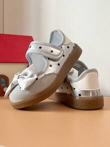 Girls Polka Dot Bow Ballet Shoes Hook & Loop Soft Sole Anti-Collision Toddler Shoes - Silver - View 8