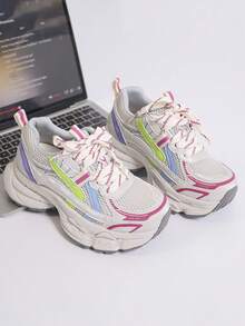 Women Chunky Sneakers, Lace Up Low Top Shoes, Thick Sole Trainers - Hot Pink - View 4