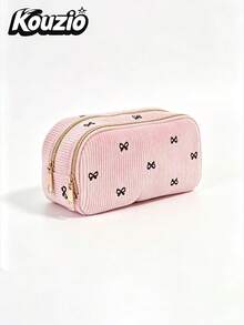 Cute Bow Pattern Corduroy Pencil Case, Large Capacity Double Layer Zipper Pen Pouch With Organizer Slots, Portable Stationery And Cosmetic Storage Bag For School, Office And Travel - Bow-tie Style - View 8