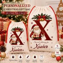 Custom Initial Christmas Drawstring Bag, Personalized Name Gift Bag, Holiday Santa Style, Custom Holiday Storage Bag, Customizable Christmas Gift - Red and White - View 5