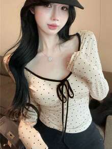 Sweet & Spicy Style Contrast Color Black Trim Bowknot Polka Dot Top, Slim Fit Cropped Long Sleeve Inner Layer, Random Pattern Cut - Apricot - View 3