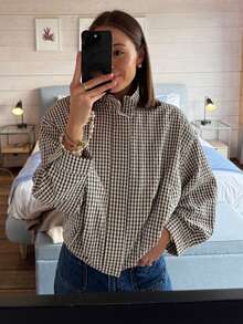 Women's Plaid Aviator Jacket, Spring Short Jacket, Autumn Plaid Zipper Lightweight Jacket, Long Sleeve Contrast Color Casual Airport Style Jacket - Black and White - View 1