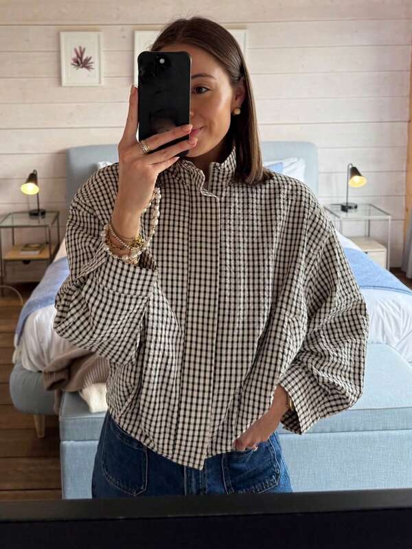 Bomber Jacket Women Plaid Spring Crop Coats And Jackets Going Out Zip Up Light Jacket Long Sleeve Checked Ladies Casual Streetwear Airport Vacation
