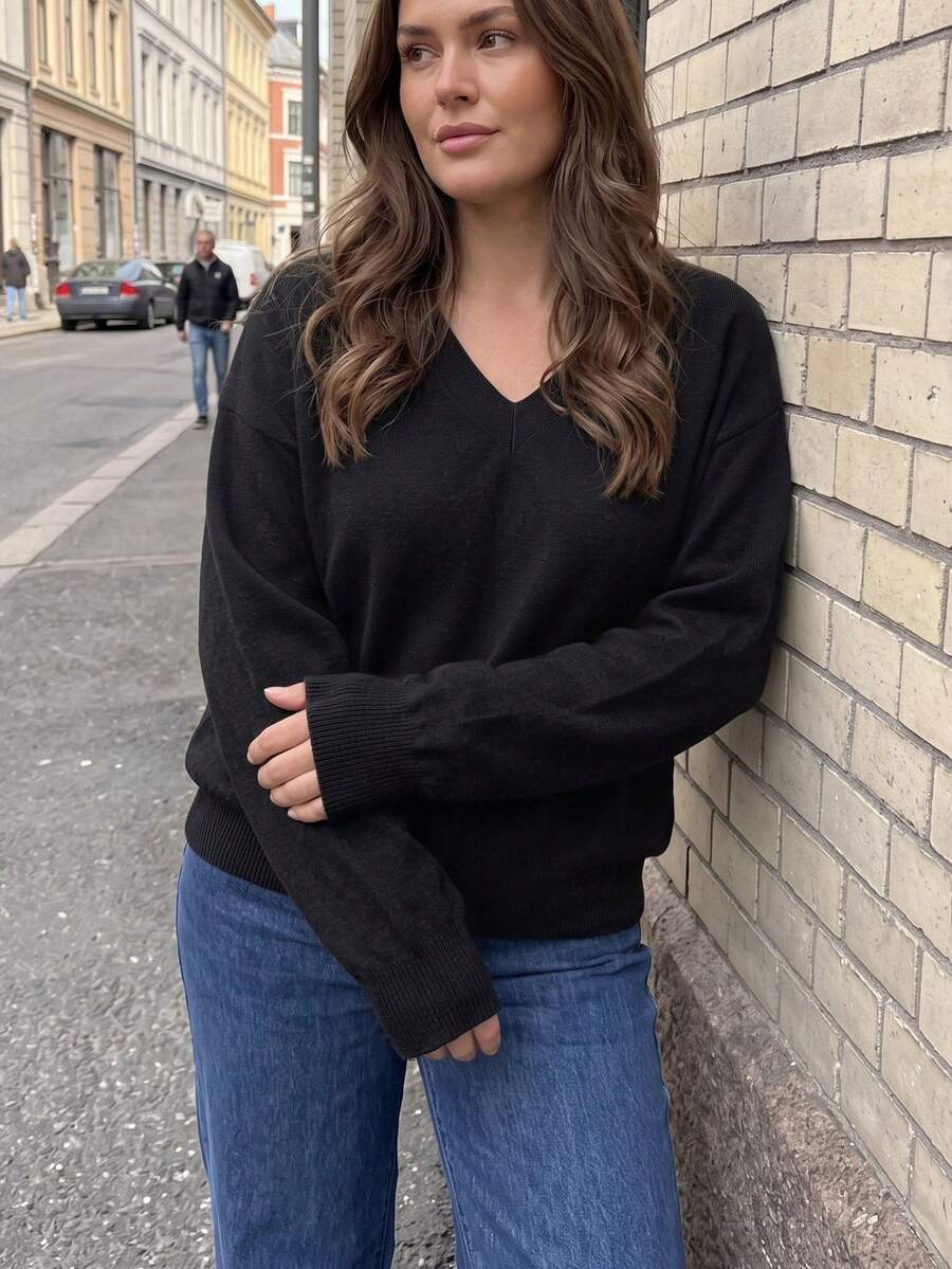 BYGOUBY Plus Size 1XL-4XL Spring/Autumn Basic Thin Knit Sweater Long Sleeve Casual Pullover Soft And Comfortable For Women - Black - View 1
