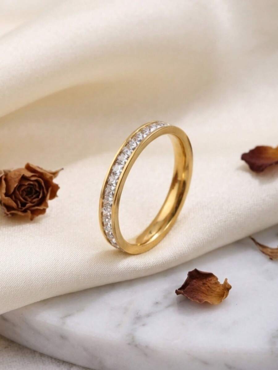 1pc Stainless Steel 18K Gold Plated Luxury Single Row Full Circle Rhinestone Ring, Exquisite Sparkling Texture, Suitable For Dress, Shirt, Commute Outfit, Simple Versatile Hand Accessory - Single Row Full Circle Rhinestone Ring - View 1