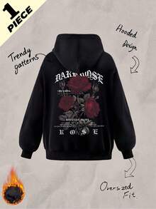 Autumn Winter Unisex Black Hoodie With Oversized Back Red Rose Print & White ROSE Text, Long Sleeve Pullover Y2K - Black - View 2