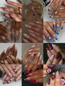288pcs Medium-Long Almond Shape 3D Gel Nail Stickers, Floral Pattern French Manicure Stickers, Medium-Long 3D Alloy Cross Pearl Decor, Suitable For Perfect Fit Acrylic False Nails, Leopard Print And French Manicure Suitable For Women's Daily Work, Holiday, Party Use - Multicolor - View 1