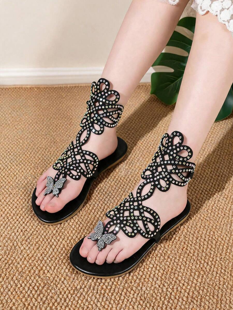 1 Pair Girls' Elegant Rhinestone Hollow-Out Gladiator Thong Sandals, Adjustable Ankle Strap Outdoor Walking Shoes - Black - View 1