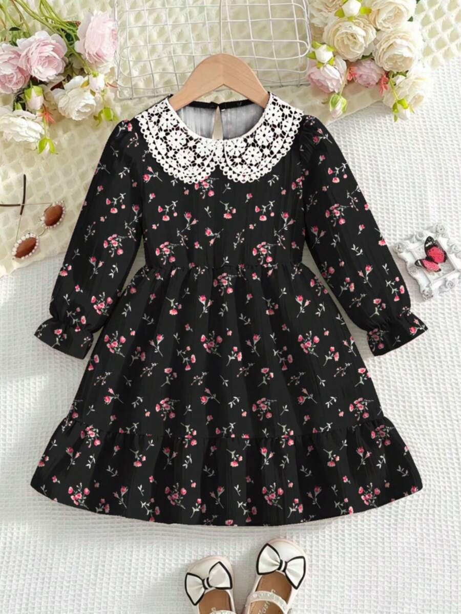 Girls' French Style Black Ditsy Floral Long Sleeve Dress With Hollow Lace Puff Sleeves And Ruffle Hem, Little Girl Outfit - Multicolor - View 1