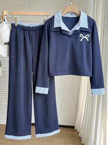 Girls' Autumn/Winter Casual 2 Pieces Set, Navy Blue Patchwork Striped Double Collar Long Sleeve Top + Versatile Long Pants, Suitable For Travel And School Wear - Royal Blue - View 2