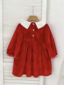 Girls' Red Christmas Peter Pan Collar Long Sleeve Dress, Spring/Autumn Princess Party Dress For Young Girl - Red - View 3