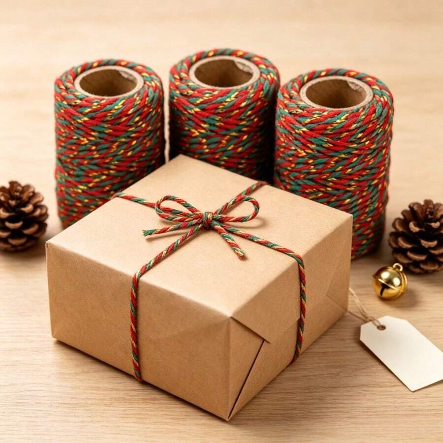 2 Rolls Multifunctional 2mm Rope, 20m/Roll Tricolor Line, Holiday Rope, Red, Green, Gold Striped Line For Gift Wrapping, DIY Crafts, Sewing And Holiday Decoration - A - View 1