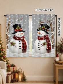 2Pcs Christmas Holiday Curtains, Winter Snowman Tree Snowflake Pattern Curtains, Semi-Sheer Rod Pocket Holiday Window Decor, Suitable For Living Room And Bedroom, Rod Not Included - Multicolor - View 13