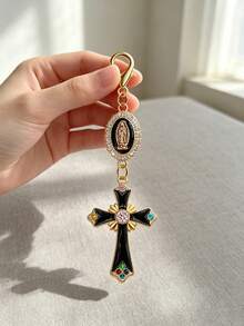 Vintage-Style Rhinestone And Enamel Cross Amulet Keychain Featuring A Virgin Mary Pendant; Suitable As A Bag Charm, Car Key Accessory, Or Holiday Gift - Multicolor - View 2